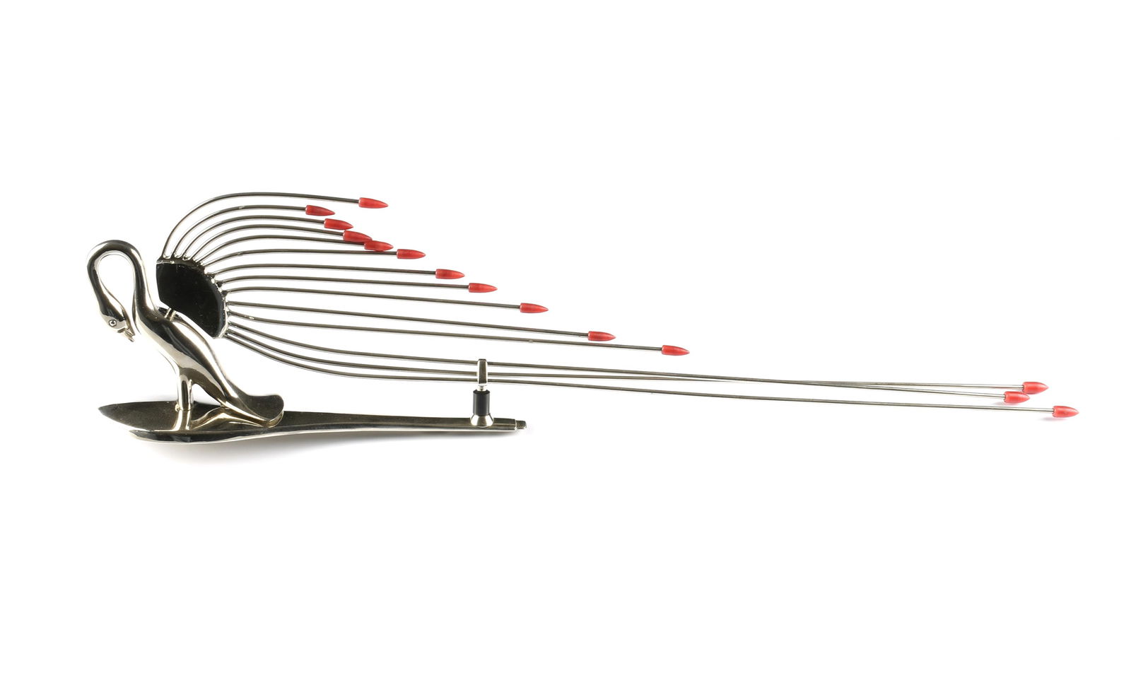 A PACKARD "Cormorant" CHROME AUTOMOBILE MASCOT, AMERICAN, CIRCA 1938, chromed metal with red nylon. (1 of 4)