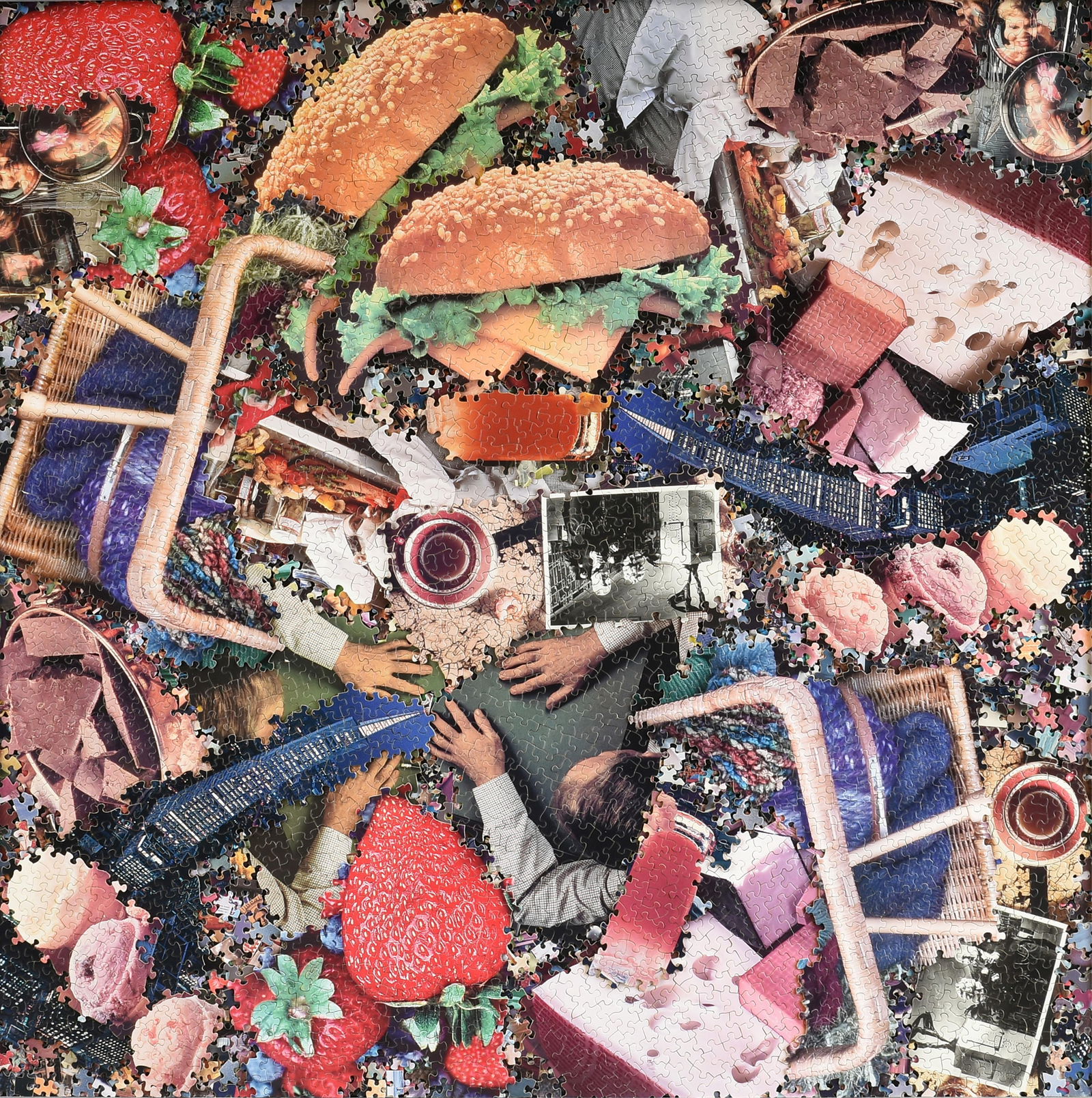 AL SOUZA (American/Texas b. 1944) "Hand to Hand," 2008, mixed media with cardboard puzzle parts and: AL SOUZA (American/Texas b. 1944) "Hand to Hand," 2008, mixed media with cardboard puzzle parts and glue on wood, titled, dated, and double signed on reverse, "Hand to Hand / 2008 / Al Souza / Al Souz