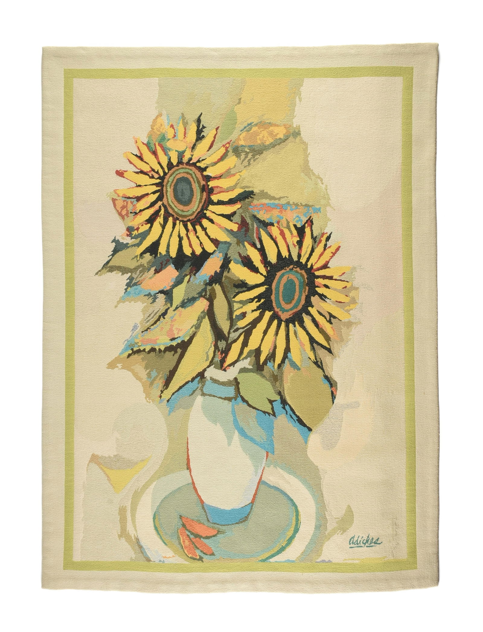 DAVID ADICKES (American/Texas b. 1927) "Two Sunflowers," CIRCA 1970, wool tapestry, with the woven: DAVID ADICKES (American/Texas b. 1927) "Two Sunflowers," CIRCA 1970, wool tapestry, with the woven signature and TMP manufacturer's mark at L/R, with a tag on reverse with the title and the signature,