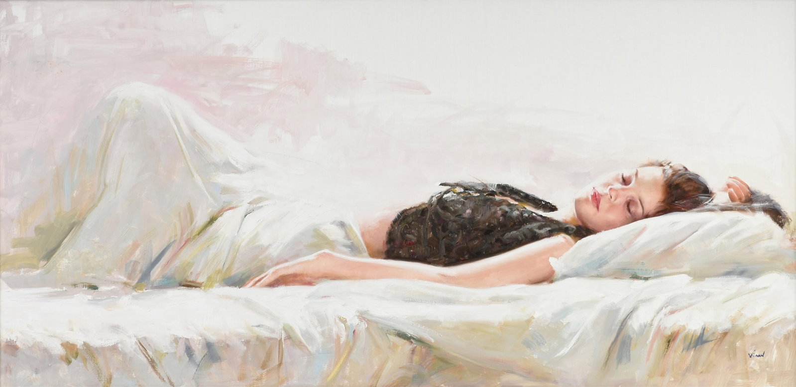 VITTORIO "VIDAN" D'ANGELICO (Italian/American b. 1965) "Woman Sleeping," CIRCA 2000, oil on canvas,: VITTORIO "VIDAN" D'ANGELICO (Italian/American b. 1965) "Woman Sleeping," CIRCA 2000, oil on canvas, signed L/R, "Vidan," and annotated on reverse, "Vidan - 0009." 30" x 60" Frame: 36 1/4" x 66 1/4" Pr