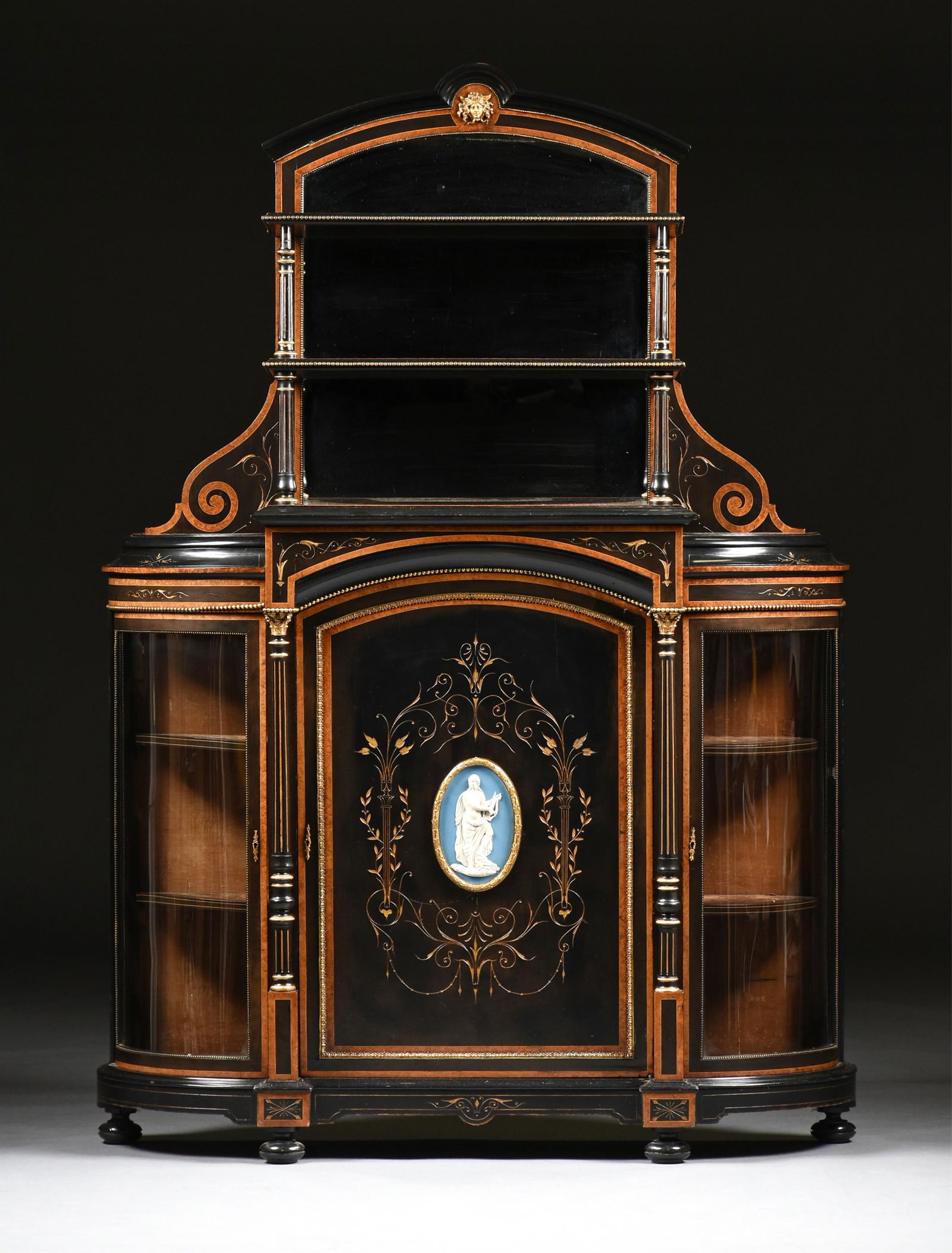 A VICTORIAN EBONIZED SIDEBOARD, PROBABLY ENGLISH, CIRCA 1880, an ebonized sideboard with mirror and (1 of 13)