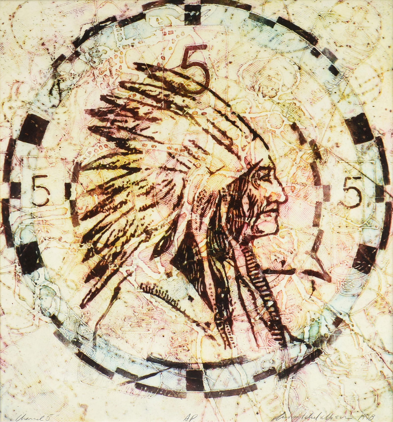 DAN ALLISON (American/Texas b. 1953) “Channel 5,” 1998, collograph on paper, signed and: DAN ALLISON (American/Texas b. 1953) “Channel 5,” 1998, collograph on paper, signed and dated L/R, "Dan Mitchell Allison 1998," titled L/L, "Channel 5," and marked L/C, "A.P." 34" x 32" Fr