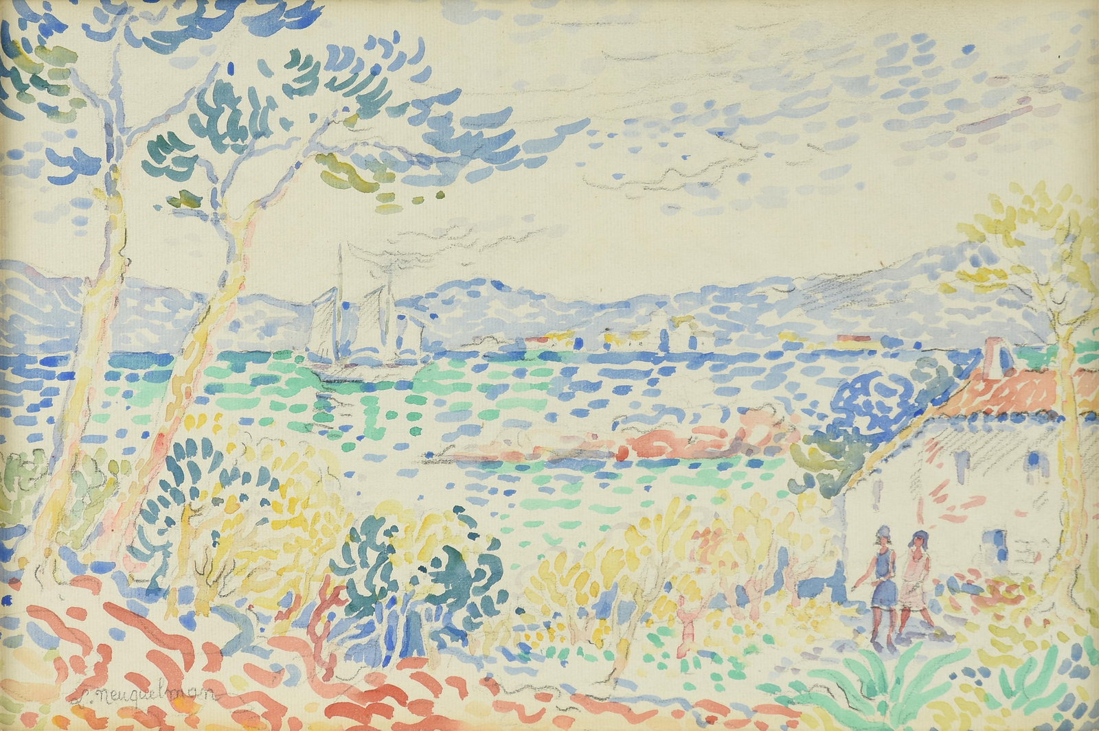 LUCIEN NEUQUELMAN (French 1909-1988) "Scene along the French Riviera," 20TH CENTURY, watercolor and: LUCIEN NEUQUELMAN (French 1909-1988) "Scene along the French Riviera," 20TH CENTURY, watercolor and graphite on paper, signed L/L, "L. Neuquelman." 9 1/2" x 14" Frame: 20 1/4" x 25" Provenance: Collec