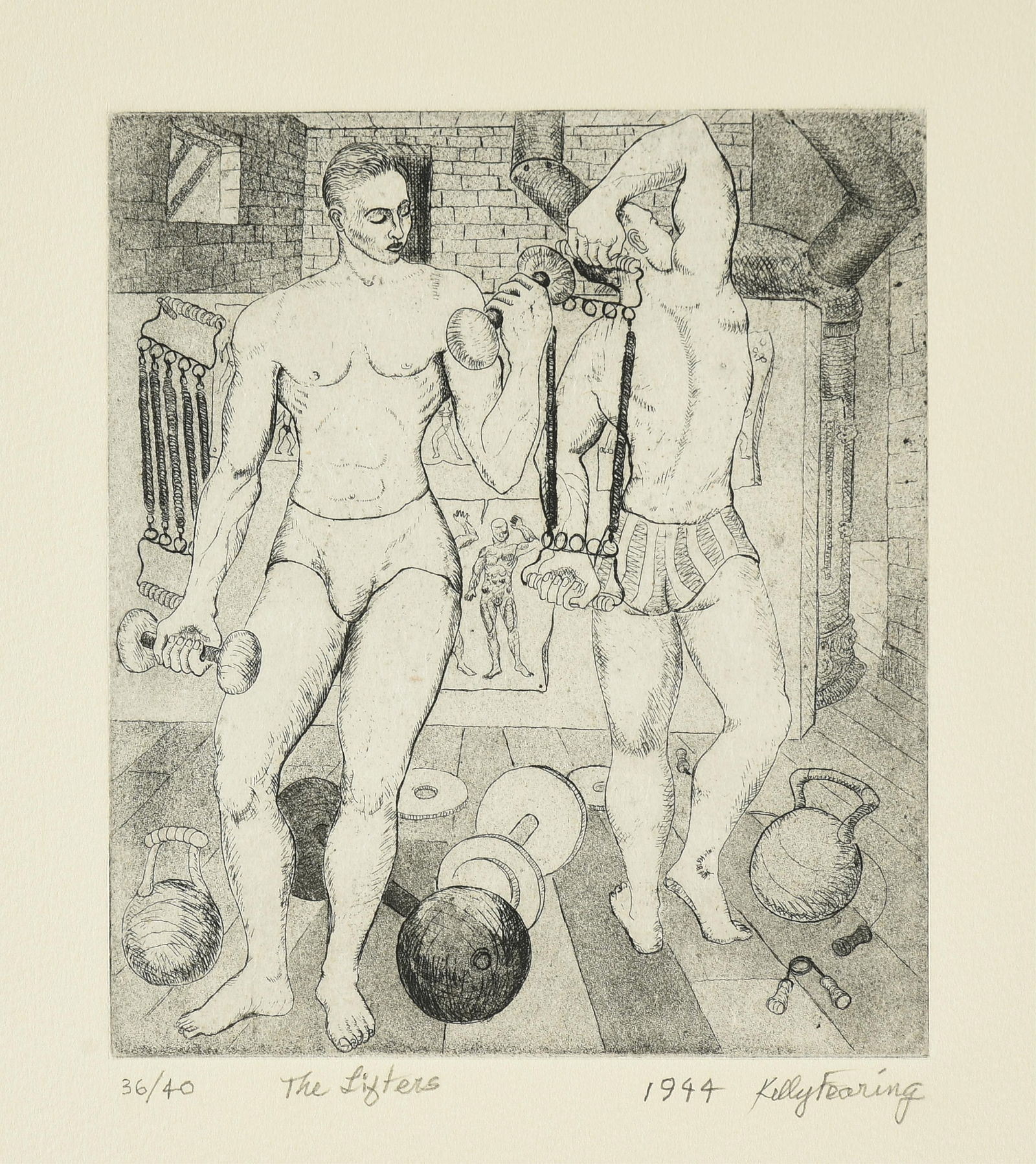 KELLY FEARING (American/Texas 1918-2011) "The Lifters" and "Boy Flying Kite in a Secret Place," 1944 (1 of 18)