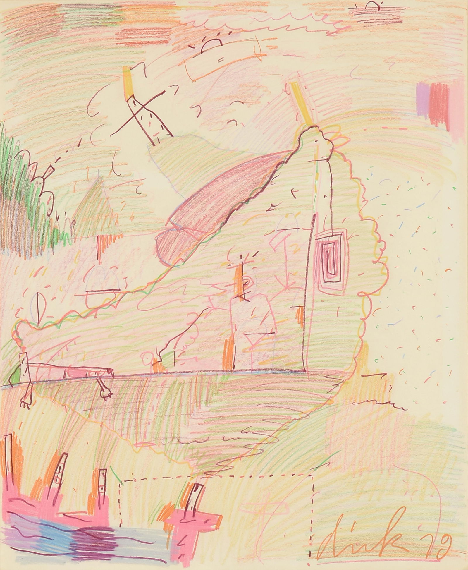 DICK WRAY (American/Texas 1933-2011) "Untitled Imaginary Landscape," 1979, colored pencil on paper,: DICK WRAY (American/Texas 1933-2011) "Untitled Imaginary Landscape," 1979, colored pencil on paper, signed and dated L/R, "dick '79." 17" x 14" Frame: 25 1/4" x 21 3/4"