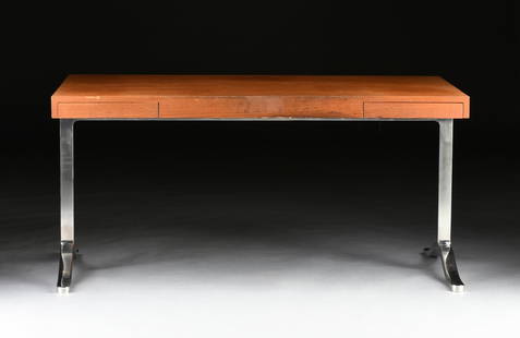 NICOS ZOGRAPHOS (American/Greek b. 1931) A MID-CENTURY MODERN DESK, CIRCA 1965,: NICOS ZOGRAPHOS (American/Greek b. 1931) A MID-CENTURY MODERN DESK, CIRCA 1965, an oak table top with two short drawers supported on polished stainless steel legs. Height: 29 1/4" Width: 60" Depth: 36