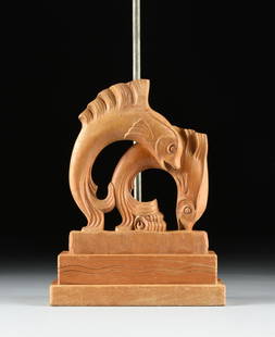 A YASHA HEIFETZ TABLE LAMP WITH LEAPING FISH, AMERICAN, 1940s, with a carved oak base, marked,: A YASHA HEIFETZ TABLE LAMP WITH LEAPING FISH, AMERICAN, 1940s, with a carved oak base, marked, "HEIFETZ," on the back. Height: 26" Width: 11 1/4" Depth: 5" Provenance: Estate of Linda Jeanne Kelly, Ho