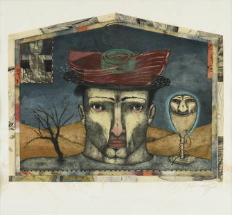 KURT KEMP (American b. 1957) “Man from the Field,” 1994,: KURT KEMP (American b. 1957) “Man from the Field,” 1994, mixed media collage, signed L/R, "Kemp," reverse with a Hooks-Epstein Galleries label, Houston, Texas. 15 x 16 1/2 in. (38.1 x 41.9