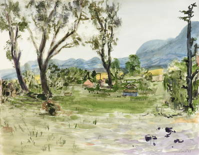 RICHARD STOUT (American/Texas 1934 – 2020) "Landscape (Untitled)," 1997,: RICHARD STOUT (American/Texas 1934 – 2020) "Landscape (Untitled)," 1997, watercolor on paper, signed and dated lower right, "R. Stout '97." 20 1/4 x 26 in. (51.4 x 66 cm.), Frame: 28 x 33 1/2 in