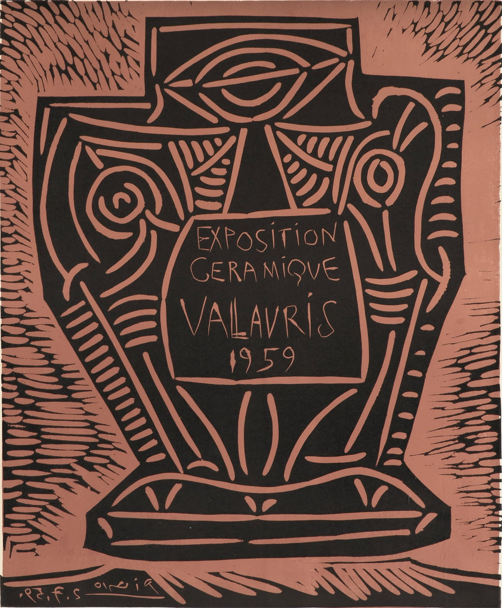 PABLO PICASSO (Spanish 1881-1973) "Exposition Ceramique Vallauris," 1959,: PABLO PICASSO (Spanish 1881-1973) "Exposition Ceramique Vallauris," 1959, linoleum cut on heavy wove paper, a proof aside from the signed and numbered edition. 29 1/4 x 22 1/4 in. (74.3 x 56.5 cm.), F