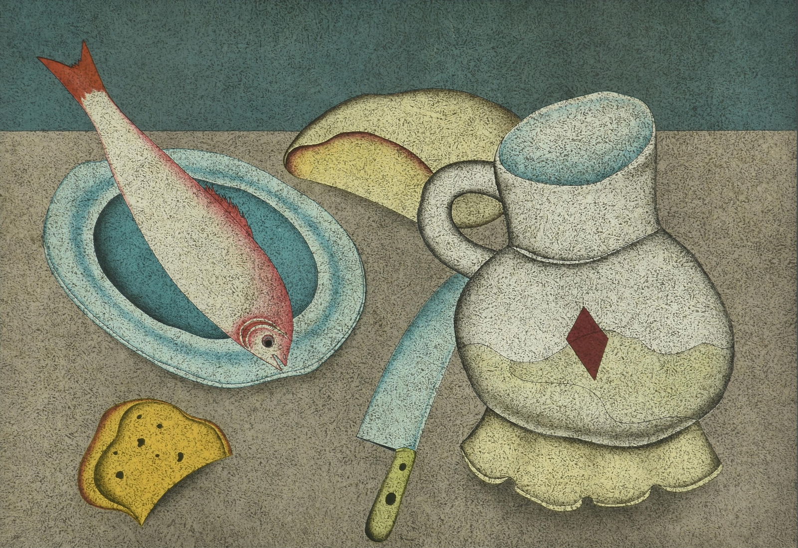MIHAIL CHEMIAKIN (Russian/American b. 1943) "Still Life with Fish, Bread and Knife," CIRCA 1978, (1 of 12)