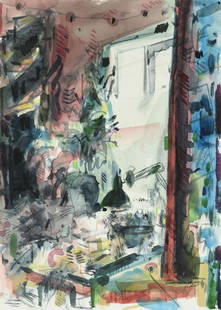 RICHARD STOUT (American 1934–2020) "Interior Scene (Untitled)," 1998,: RICHARD STOUT (American 1934–2020) "Interior Scene (Untitled)," 1998, watercolor on paper, signed and dated lower right, "R. Stout '98." 14 x 10 in. (35.6 x 25.4 cm.), Frame: 21 1/2 x 17 1/2 in.