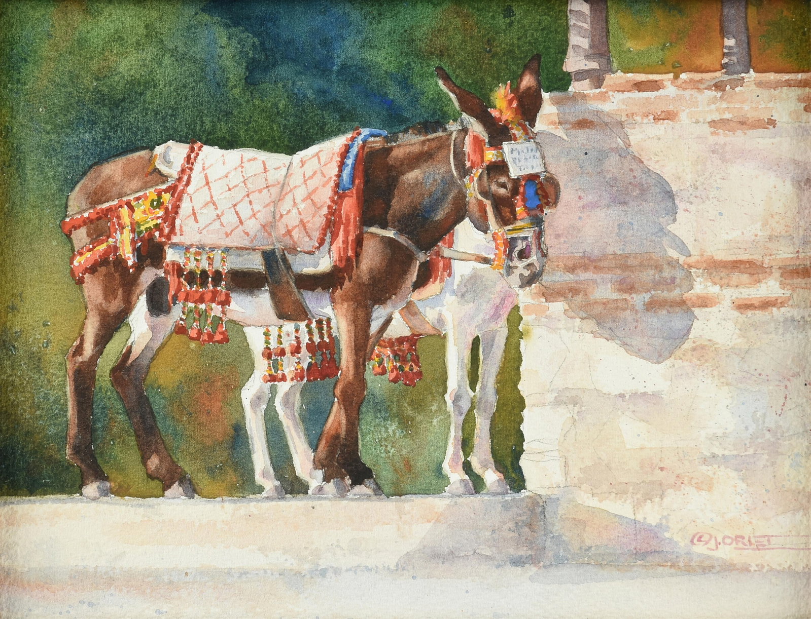 JULIE ORIET (American) "Mija's Burro Taxi," 2009,: JULIE ORIET (American) "Mija's Burro Taxi," 2009, watercolor on paper, signed L/R, "© J. Oriet," also signed, dated, and titled on reverse backing, "© J. Oriet / 2009 / ... / 'Mija's Burro T