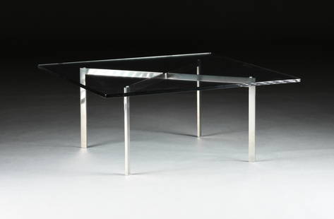 LUDWIG MIES VAN DER ROHE (German 1886-1969) A KNOLL "Barcelona" COFFEE TABLE, MID 20TH CENTURY,: LUDWIG MIES VAN DER ROHE (German 1886-1969) A KNOLL "Barcelona" COFFEE TABLE, MID 20TH CENTURY, chrome plated steel base with a glass table top, base marked underneath, "KP." 17 x 40 x 40 in. (43.2 x