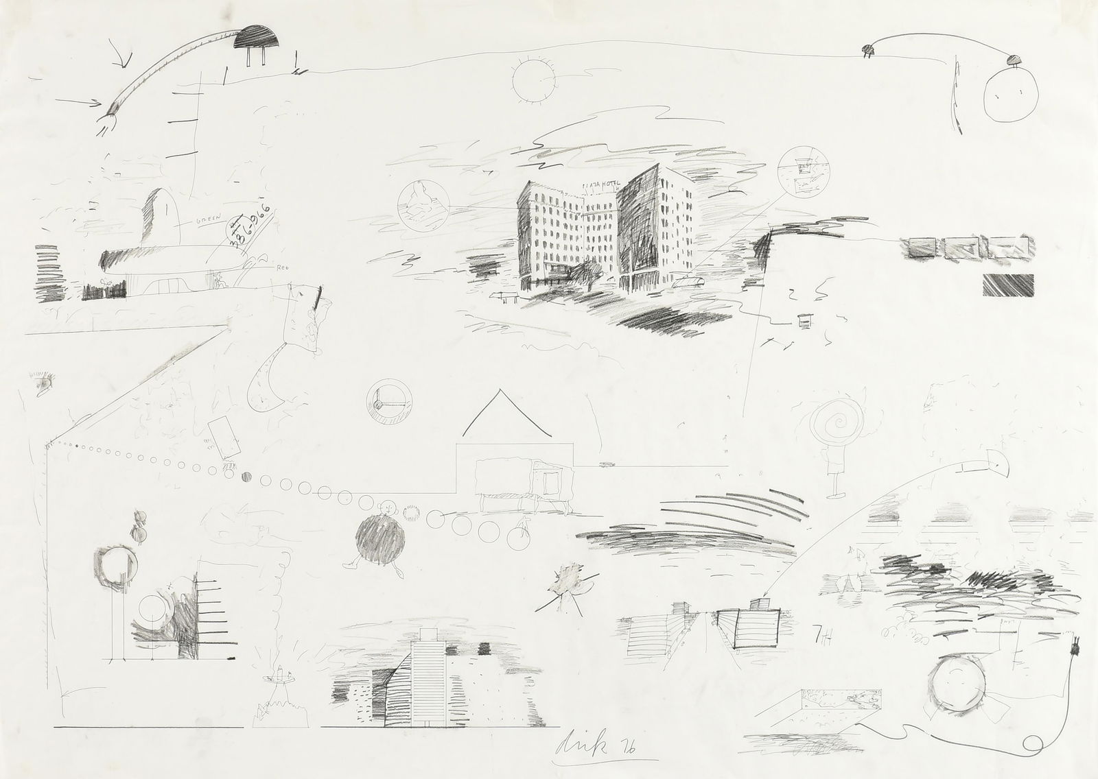 DICK WRAY (American/Texas 1933–2011) "Plaza Hotel (Untitled)," 1976,: DICK WRAY (American/Texas 1933–2011) "Plaza Hotel (Untitled)," 1976, graphite on paper, signed and dated lower right, "dick 76." 30 x 42 in. (76.2 x 106.7 cm.), Frame: 32 3/4 x 44 3/4 in. (83.2