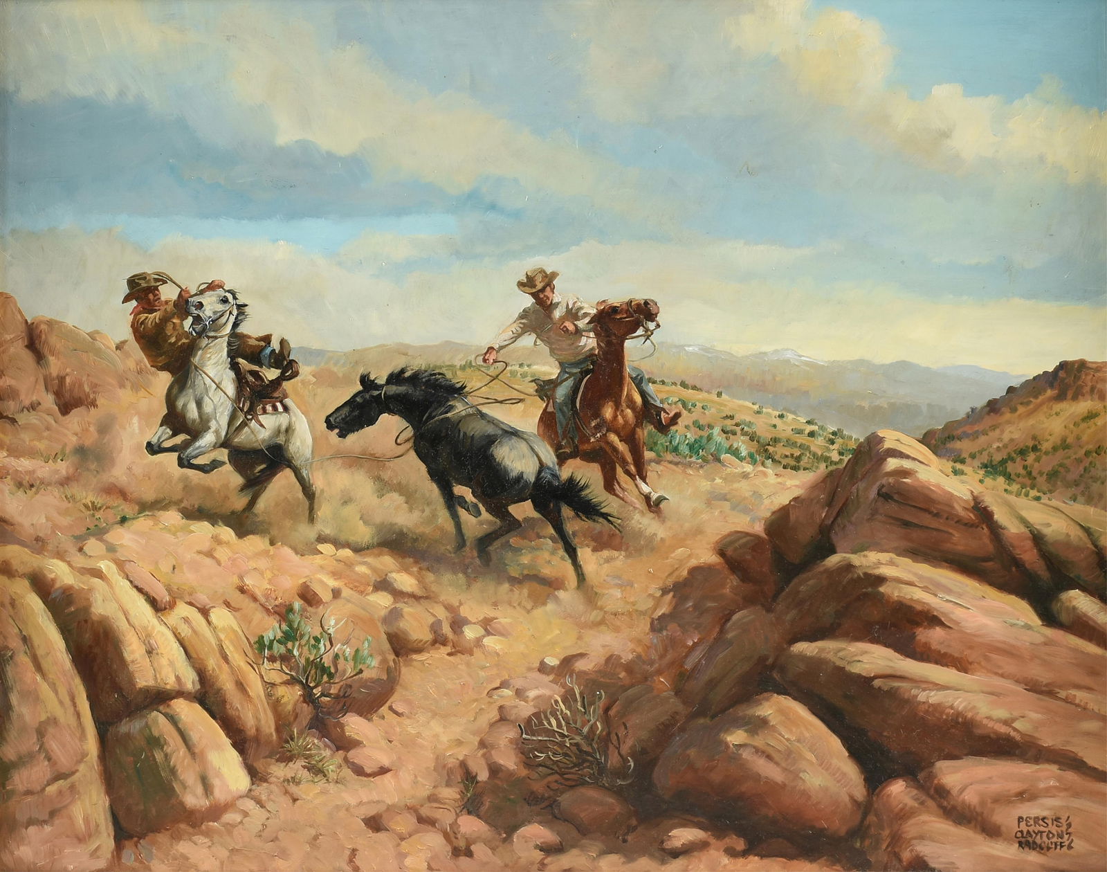 PERSIS CLAYTON WEIRS (American 1942-2016) "Cowboys Wrangling a Horse," 1976, (1 of 15)