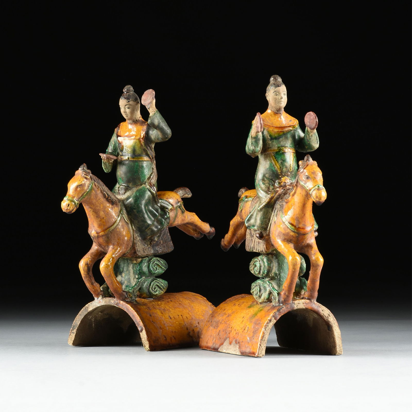 A PAIR OF SANCAI GLAZED ROOF RIDGE TILES, CHINESE, LATE QING DYNASTY, (1 of 14)
