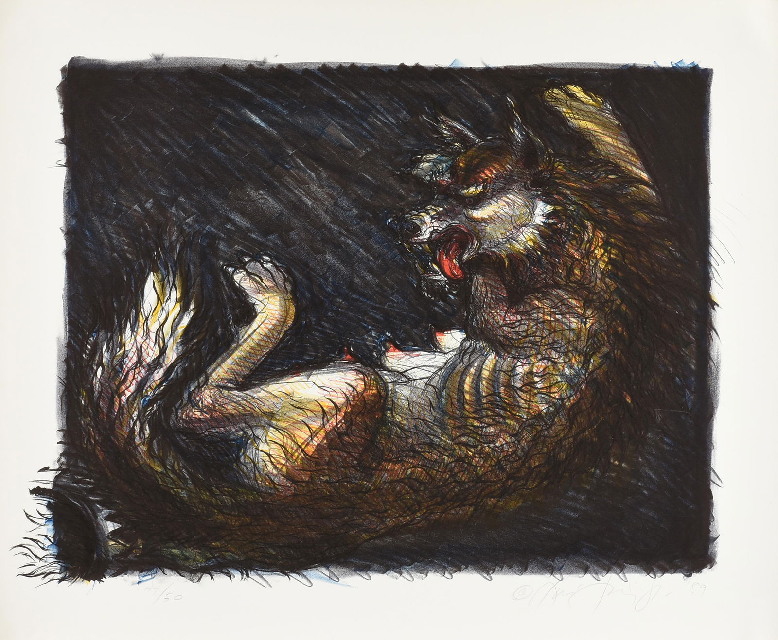 LUIS JIMENEZ (American/Texas 1940-2006) “Dead Coyote,” 1989,: LUIS JIMENEZ (American/Texas 1940-2006) “Dead Coyote,” 1989, lithograph on paper, signed and dated lower right, "© Luis Jimenez, '89," and numbered lower left, "44/50." 28 x 34 in. (7