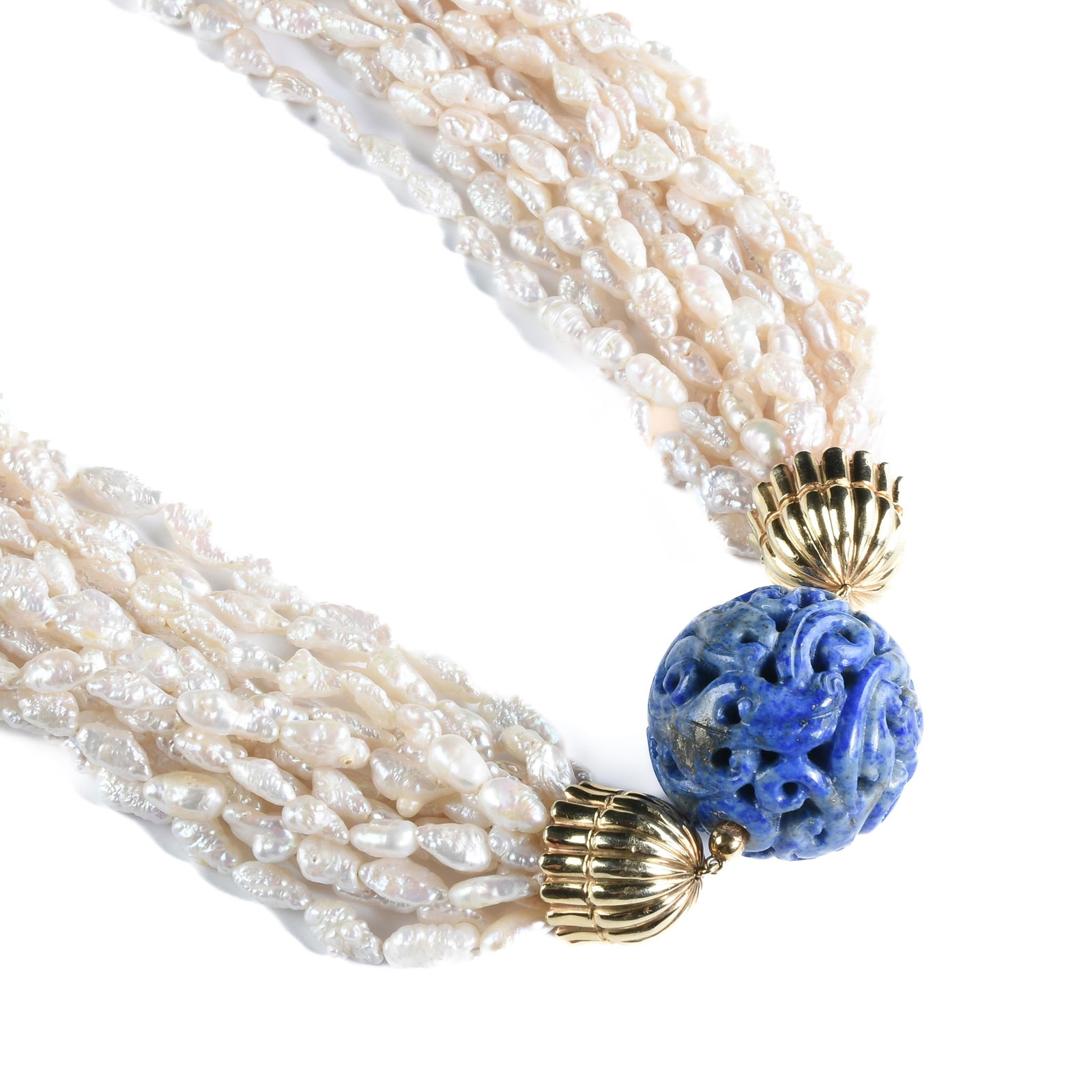 A RICE PEARL, 14K YELLOW GOLD, AND LAPIS NECKLACE, 20TH CENTURY, (1 of 7)