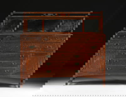 A LIMBERT ARTS AND CRAFTS SIDEBOARD, AMERICAN, CIRCA 1910,: A LIMBERT ARTS AND CRAFTS SIDEBOARD, AMERICAN, CIRCA 1910, a seven drawer oak sideboard with mirrored back and hand-hammered copper hardware, signed with branded mark inside top center drawer, "LIMBER