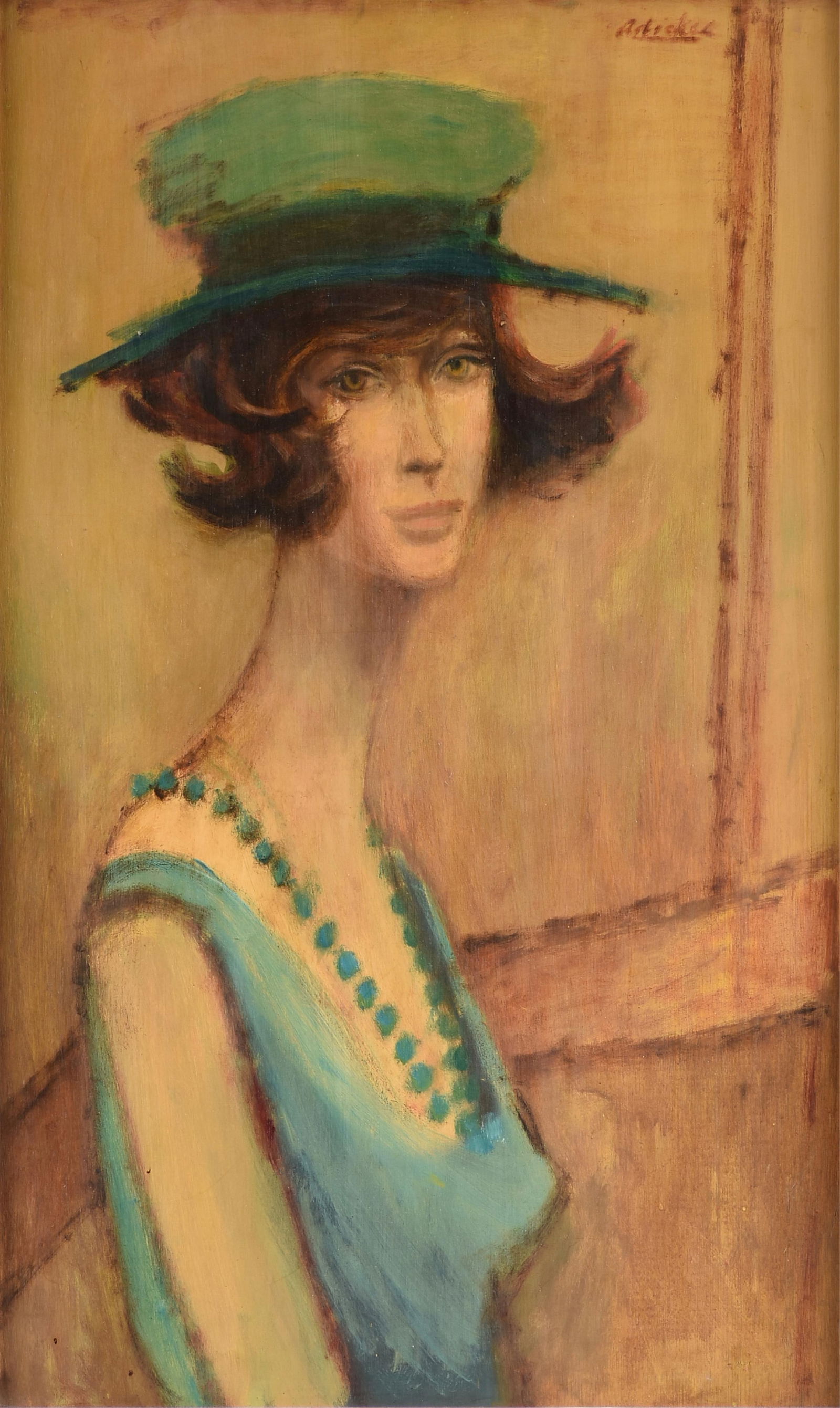 DAVID ADICKES (American/Texas b. 1927) "Woman in a Green Hat," 20TH CENTURY,: DAVID ADICKES (American/Texas b. 1927) "Woman in a Green Hat," 20TH CENTURY, oil on panel, signed upper right, "Adickes," with a label on reverse backing from DuBose Gallery, Houston, Texas. 31 1/2 x