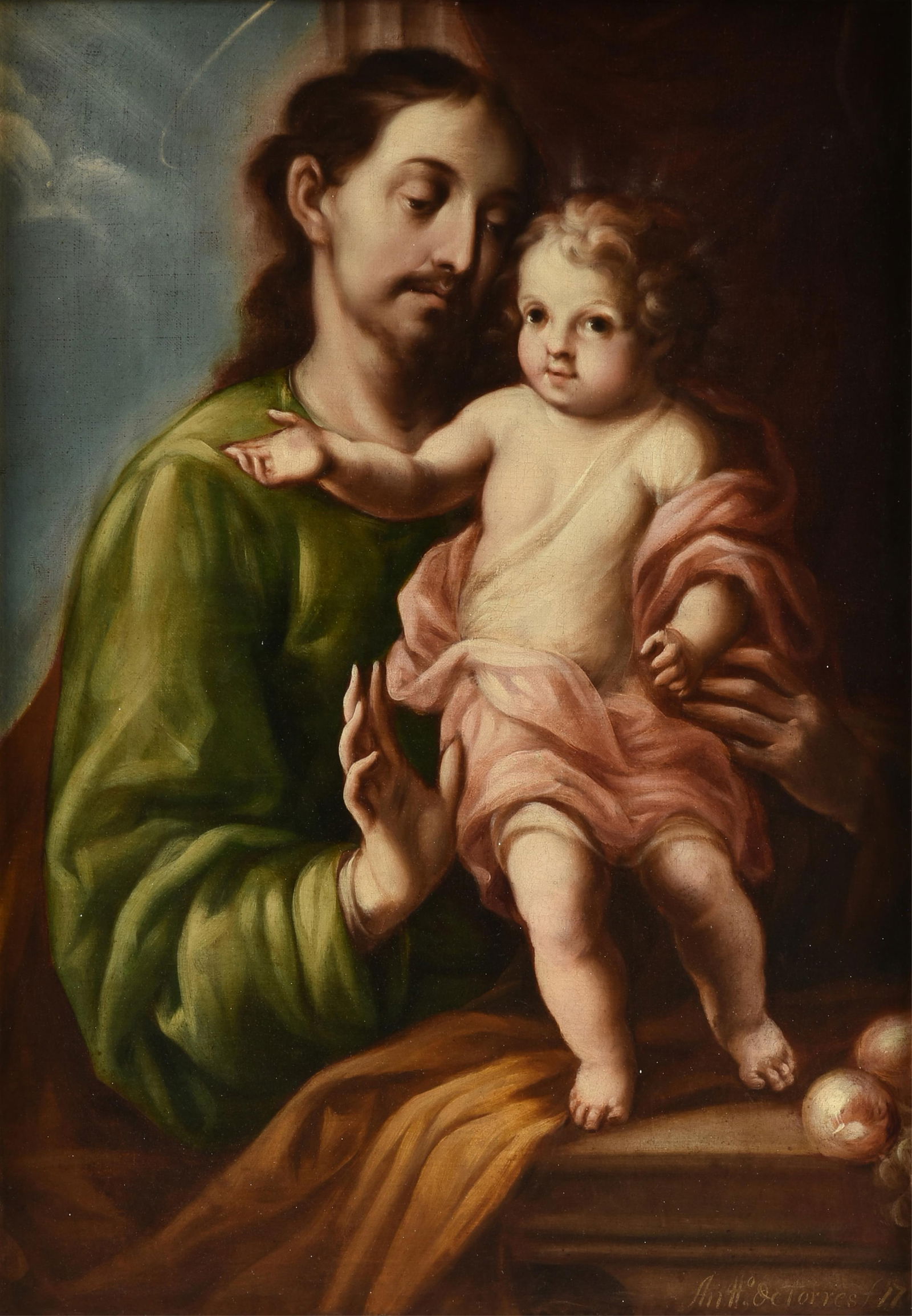 Attributed to ANTONIO DE TORRES (Mexican 1666-1754) "St. Joseph Holding the Infant Christ," CIRCA (1 of 16)