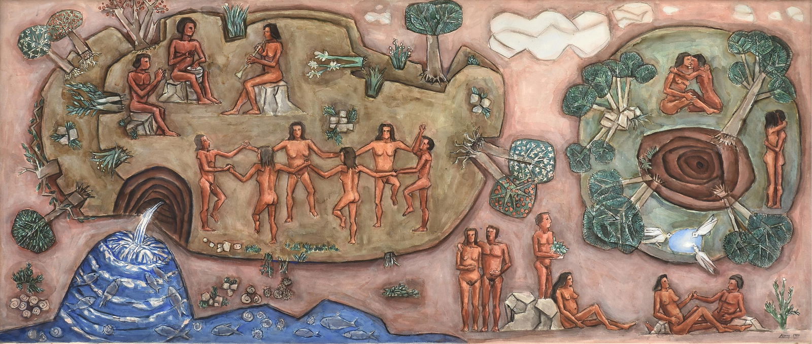 JULIO ALPUY (Uruguyan 1919-2009) "De la Alegria y El Amor," 1984,: JULIO ALPUY (Uruguyan 1919-2009) "De la Alegria y El Amor," 1984, watercolor on paper, signed and dated lower right, "Alpuy 1984." 33 x 77 in. (83.8 x 195.6 cm.), Frame: 34 x 78 in. (86.4 x 198.1 cm.)