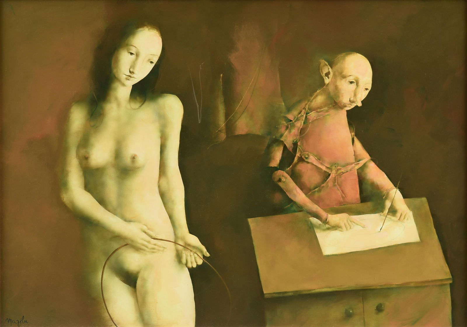 GEORGES MAZILU (Romanian/French b. 1951) "L'artiste et le Modèle," 1996,: GEORGES MAZILU (Romanian/French b. 1951) "L'artiste et le Modèle," 1996, oil on canvas, signed lower left, "Mazilu," also signed, titled and dated on the stretcher, "G. Mazilu / L'artiste et le Modè