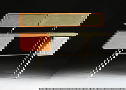 GEORGE NELSON (American 1908-1986) A HERMAN MILLER DESK, MODEL 4658, MID 20TH CENTURY,: GEORGE NELSON (American 1908-1986) A HERMAN MILLER DESK, MODEL 4658, MID 20TH CENTURY, wood, steel, leather, and aluminum mid century modern desk in original vintage condition with a sliding file draw