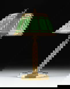 A TIFFANY STUDIOS "Abalone" LAMP, AMERICAN, EARLY 20TH CENTURY,: A TIFFANY STUDIOS "Abalone" LAMP, AMERICAN, EARLY 20TH CENTURY, patinated gilt bronze lamp with abalone inlay and a green "linenfold" glass shade, marked on the inside of shade, "PAT APPL'D FOR 1928 T