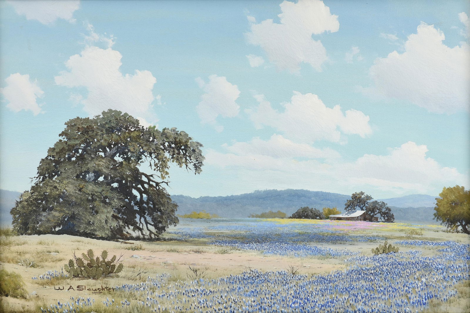 WILLIAM A. SLAUGHTER (American/Texas 1923-2003) "Bluebonnets and Oak (Untitled)," 20TH CENTURY,: WILLIAM A. SLAUGHTER (American/Texas 1923-2003) "Bluebonnets and Oak (Untitled)," 20TH CENTURY, oil on canvas, signed lower left, "W.A. Slaughter." 24 x 36 in. (61 x 91.4 cm.), Frame: 32 x 44 1/4 in.