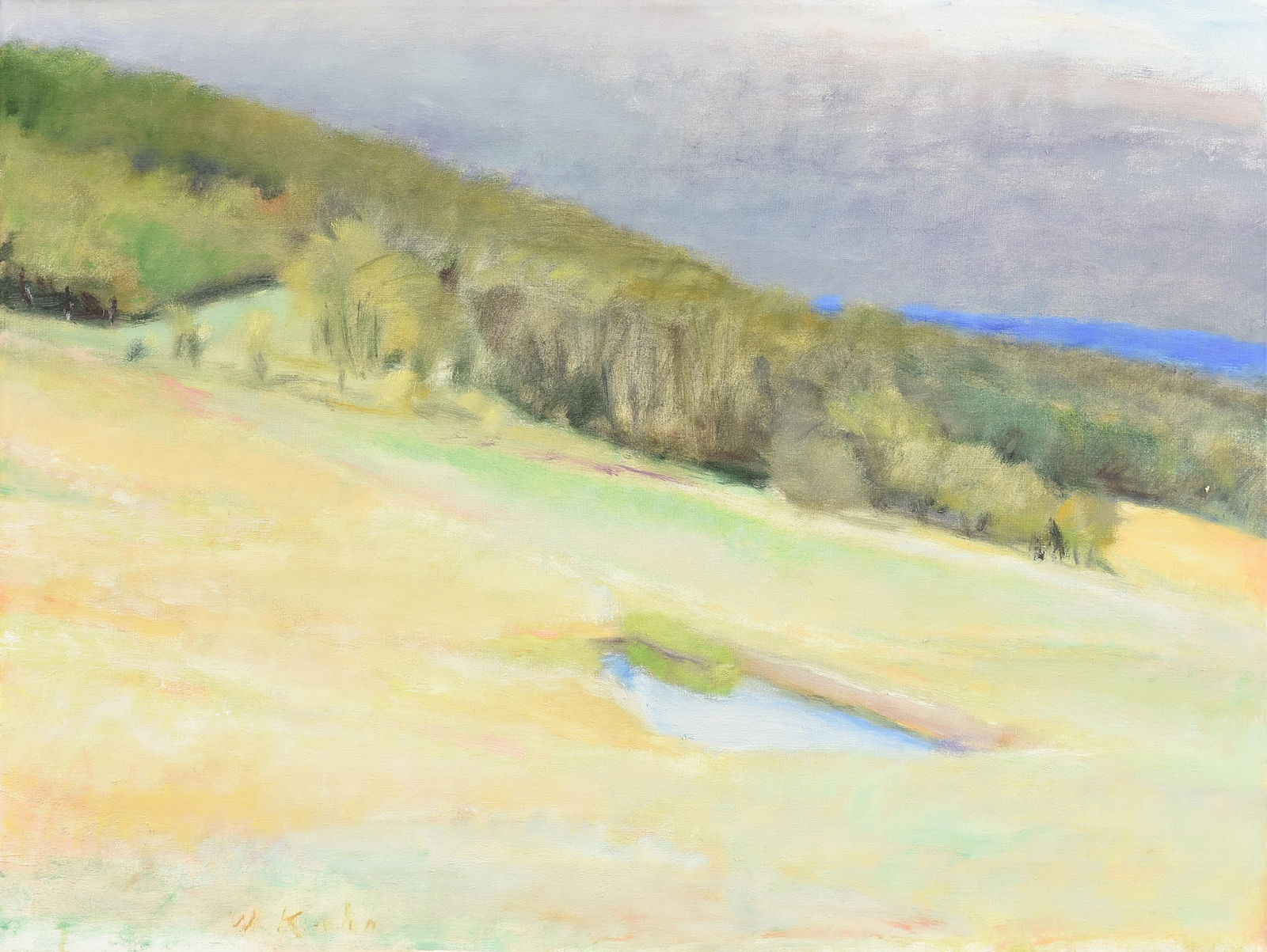 WOLF KAHN (American 1927-2020) “Farm Pond II,” 1979,: WOLF KAHN (American 1927-2020) “Farm Pond II,” 1979, oil on canvas, signed lower left, "W Kahn," marked on reverse, "#108 1979." 24 x 32 in. (61 x 81.3 cm.), Frame: 25 1/2 x 33 1/2 in. (64.8 x