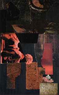 DOROTHY HOOD (American/Texas 1918-2000) “Lion and the Dove,” 1980s,: DOROTHY HOOD (American/Texas 1918-2000) “Lion and the Dove,” 1980s, mixed media collage on card, signed lower left, "D. Hood." 31 1/2 x 19 1/2 in. (80 x 49.5 cm.), Frame: 41 3/4 x 29 1/4 i