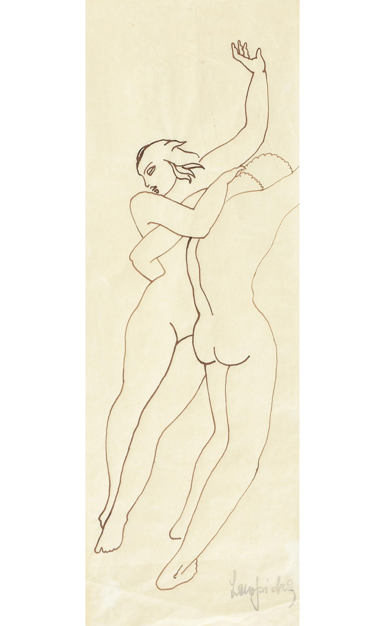 TAMARA DE LEMPICKA (Polish 1898-1980), "L'enlèvement de Proserpine," CIRCA 1930,: TAMARA DE LEMPICKA (Polish 1898-1980), "L'enlèvement de Proserpine," CIRCA 1930, ink on paper, signed lower right, "Lempicka," and marked on back lower left, "15." Image 13 1/2 x 4 3/4 in. (34.3 x 37