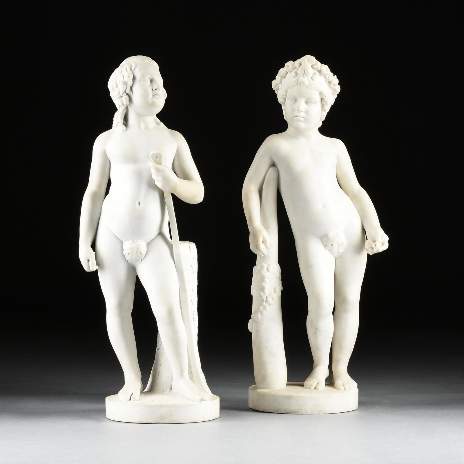 ITALIAN SCHOOL, TWO LARGE MARBLE CHERUBS, 19TH CENTURY,: ITALIAN SCHOOL, TWO LARGE MARBLE CHERUBS, 19TH CENTURY, two Neoclassical sculptures of young nude figures, one being cupid, carved in white marble. Both are unsigned and are possibly from the workshop