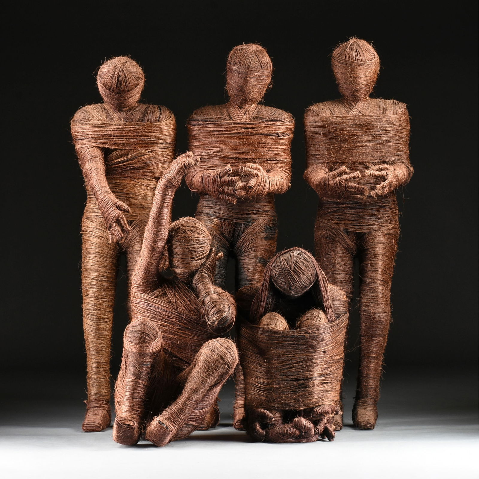 BILL SMITH (American) A SCULPTURAL GROUP "Untitled," LATE 20TH CENTURY,: BILL SMITH (American) A SCULPTURAL GROUP "Untitled," LATE 20TH CENTURY, mixed media with twine. Tallest approximately 6 ft.; 1.8 mt. Provenance: Private Collection, Houston, Texas.