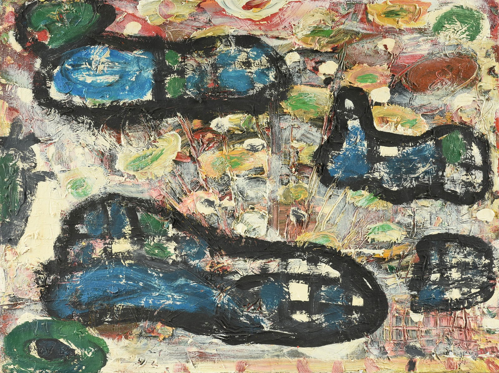 DICK WRAY (American/Texas 1933-2011) “Composition with Black Outlines,” 1993,: DICK WRAY (American/Texas 1933-2011) “Composition with Black Outlines,” 1993, oil on canvas, inscribed, signed and dated on reverse, "To Pat / dick wray / 1993." 18 x 24 in. (45.7 x 61 cm.