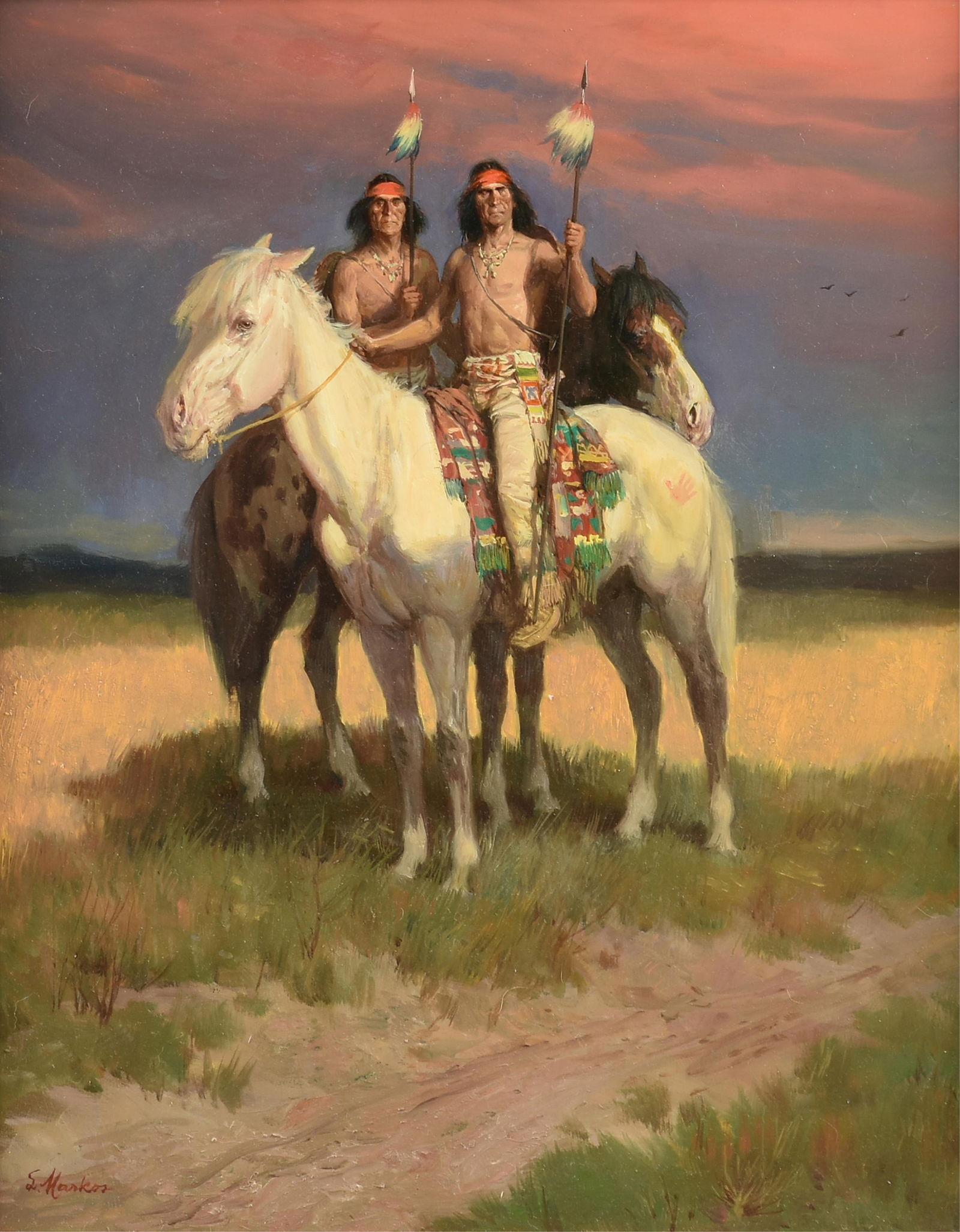 LAJOS MARKOS (American/Texas 1917-1993) "Study for Twilight Attack," 1973,: LAJOS MARKOS (American/Texas 1917-1993) "Study for Twilight Attack," 1973, oil on board, signed lower left, "L. Markos." 19 1/2 x 15 1/2 in. (49.5 x 39.4 cm.), Frame: 31 1/2 x 27 1/2 in. (80 x 69.9 cm