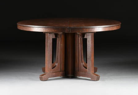 A LIMBERT ARTS AND CRAFTS DINING TABLE, AMERICAN, CIRCA 1910,: A LIMBERT ARTS AND CRAFTS DINING TABLE, AMERICAN, CIRCA 1910, an extendable oak dining table with two leaves, signed with branded mark on the underside of the table top, "LIMBERT'S / ARTS CRAFTS / FUR
