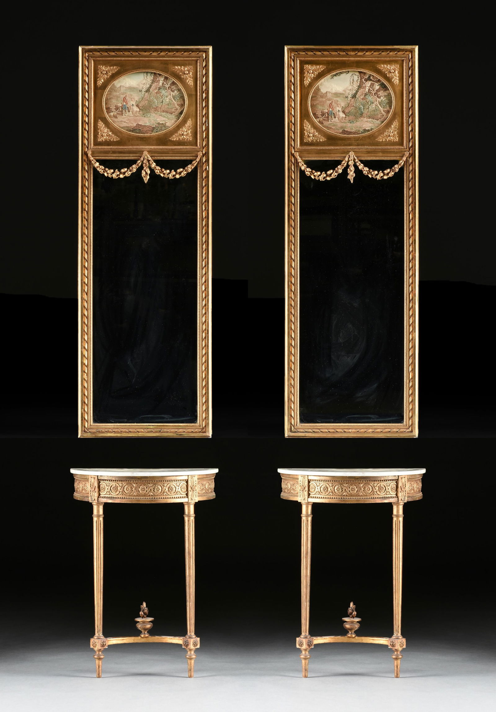 A PAIR OF LOUIS XVI STYLE CONSOLE TABLES WITH TRUMEAU MIRRORS, 20TH CENTURY, (1 of 9)