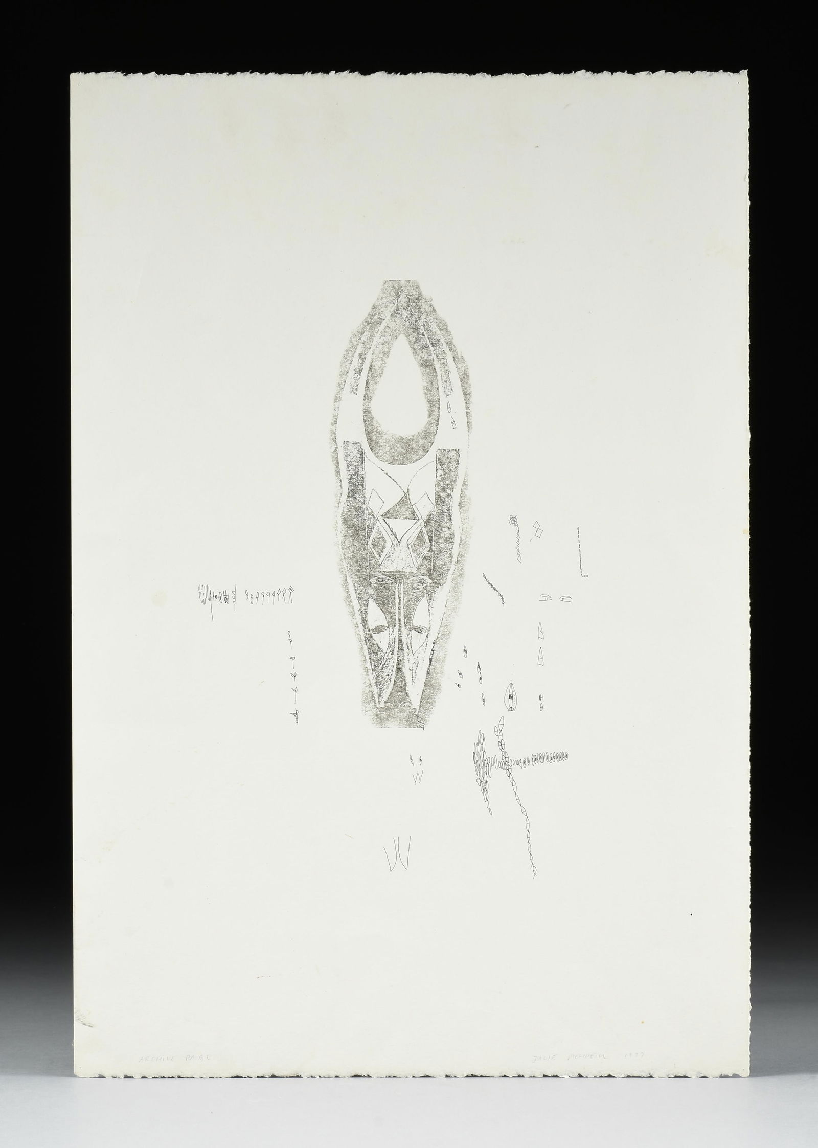 JULIE MEHRETU (Ethiopian/American b. 1970) “Archive Page,” 1997,: JULIE MEHRETU (Ethiopian/American b. 1970) “Archive Page,” 1997, monotype with pen and ink additions, signed and dated lower right, "Julie Mehretu 1997," titled lower left, "Archive Page."