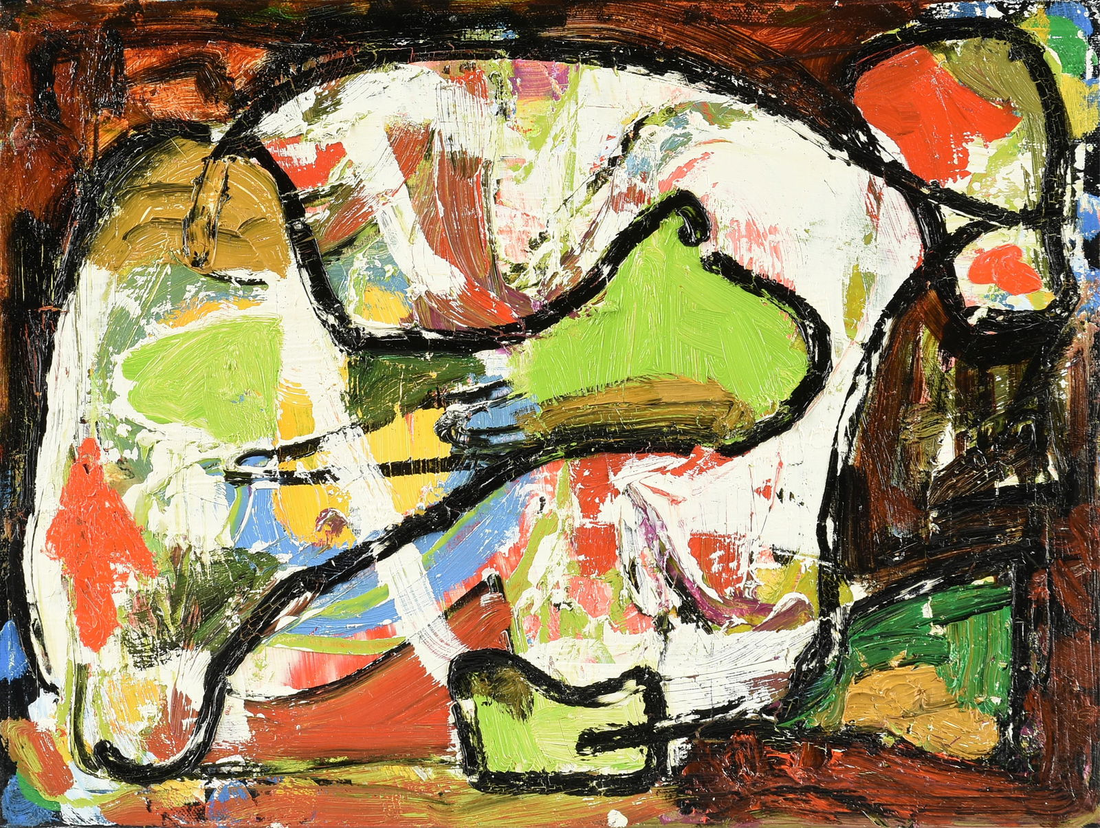 DICK WRAY (American/Texas 1933-2011) "Composition with Bright Colors and Black Outlines," 2001,: DICK WRAY (American/Texas 1933-2011) "Composition with Bright Colors and Black Outlines," 2001, oil on canvas, signed and dated on reverse, "dick / wray / 2001." 12 x 16 in. (30.5 x 40.6 cm.) Provenan