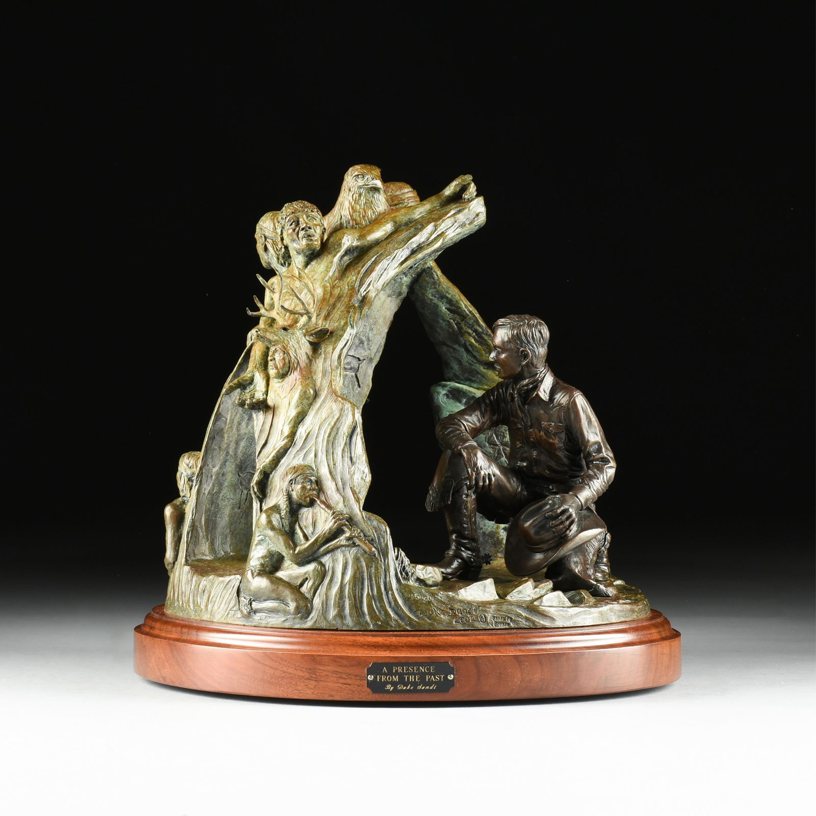 DUKE SUNDT (American b. 1944) “A Presence from the Past,” 2002,: DUKE SUNDT (American b. 1944) “A Presence from the Past,” 2002, bronze with brown and green patinas, numbered, signed and dated at the base, "15/30 / Duke Sundt / 2002 © Santa Fe Bron