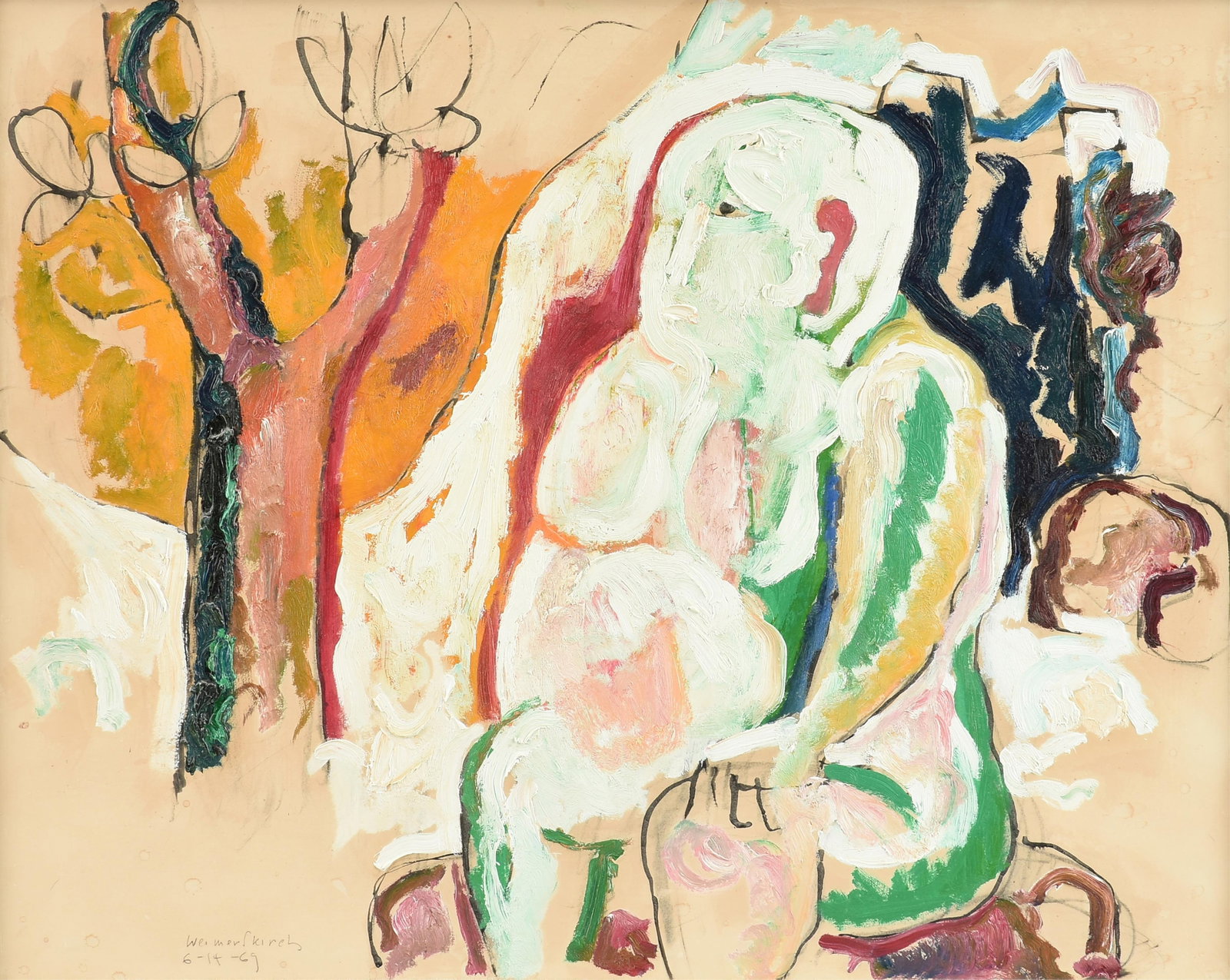 ROBERT WEIMERSKIRCH (American/Texas 1923 – 2015) "Reflections under the Tree," 1969,: ROBERT WEIMERSKIRCH (American/Texas 1923 – 2015) "Reflections under the Tree," 1969, oil, ink, and mixed media on paper, signed and dated lower left, "Weimerskirch / 6-14-69," with a label on re