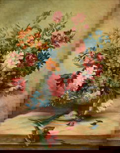 DUTCH SCHOOL "Floral Still Life," MID 20TH CENTURY,: DUTCH SCHOOL "Floral Still Life," MID 20TH CENTURY, oil on canvas, bearing the signature, "Jan Van Doust." 30 x 24 in. (76.2 x 61 cm.), Frame: 36 1/2 x 30 in. (92.7 x 76.2 cm.) Provenance: Collection