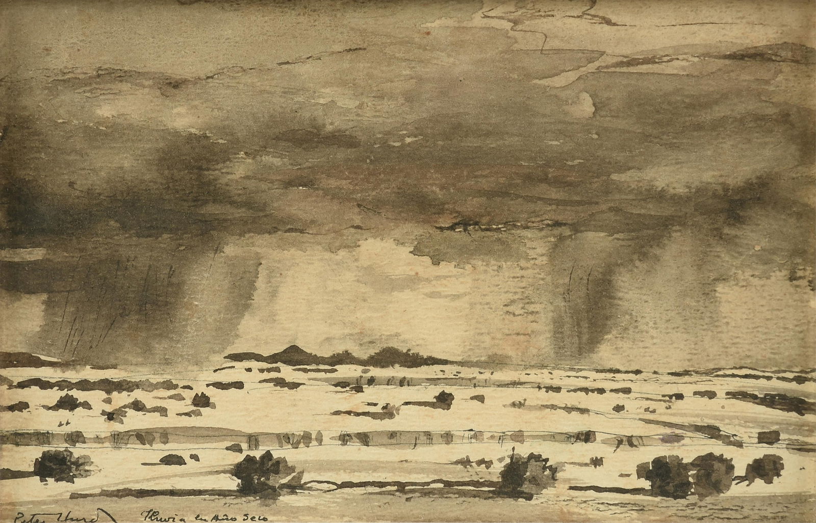 PETER HURD (American 1904-1984) "Rain in a Dry Year," 20TH CENTURY,: PETER HURD (American 1904-1984) "Rain in a Dry Year," 20TH CENTURY, watercolor on paper, signed and titled lower left, "Peter Hurd / Lluvia en Año Seco." 5 3/4 x 8 3/4 in. (14.6 x 22.2 cm.), Frame: 1
