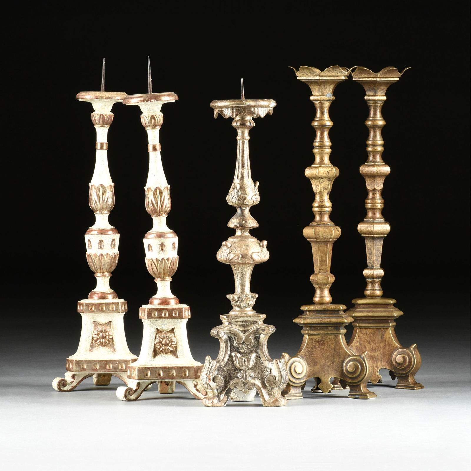A GROUP OF FIVE CANDLESTICKS, PROBABLY ITALIAN, 20TH CENTURY, (1 of 6)