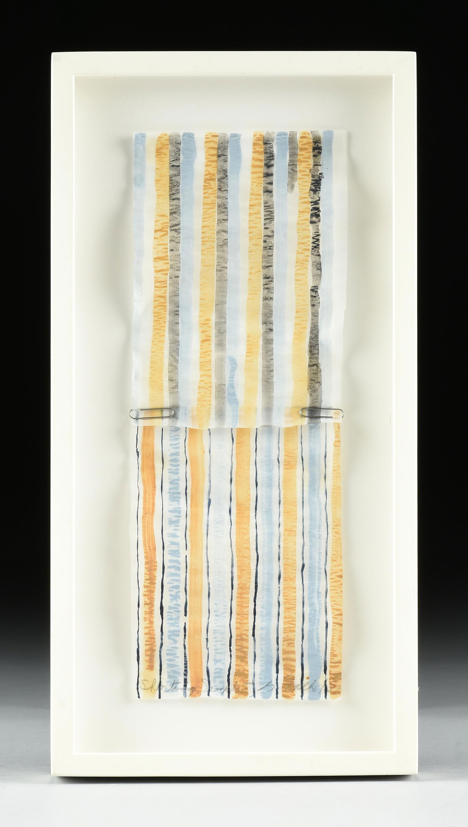 GATHIE FALK (Canadian b. 1928) "Shirting: Long S, Sample J," 2002,: GATHIE FALK (Canadian b. 1928) "Shirting: Long S, Sample J," 2002, acrylic on vellum tracing paper, titled and signed across the lower edge, "Shirting Sample J, G. Falk," with a label on reverse from
