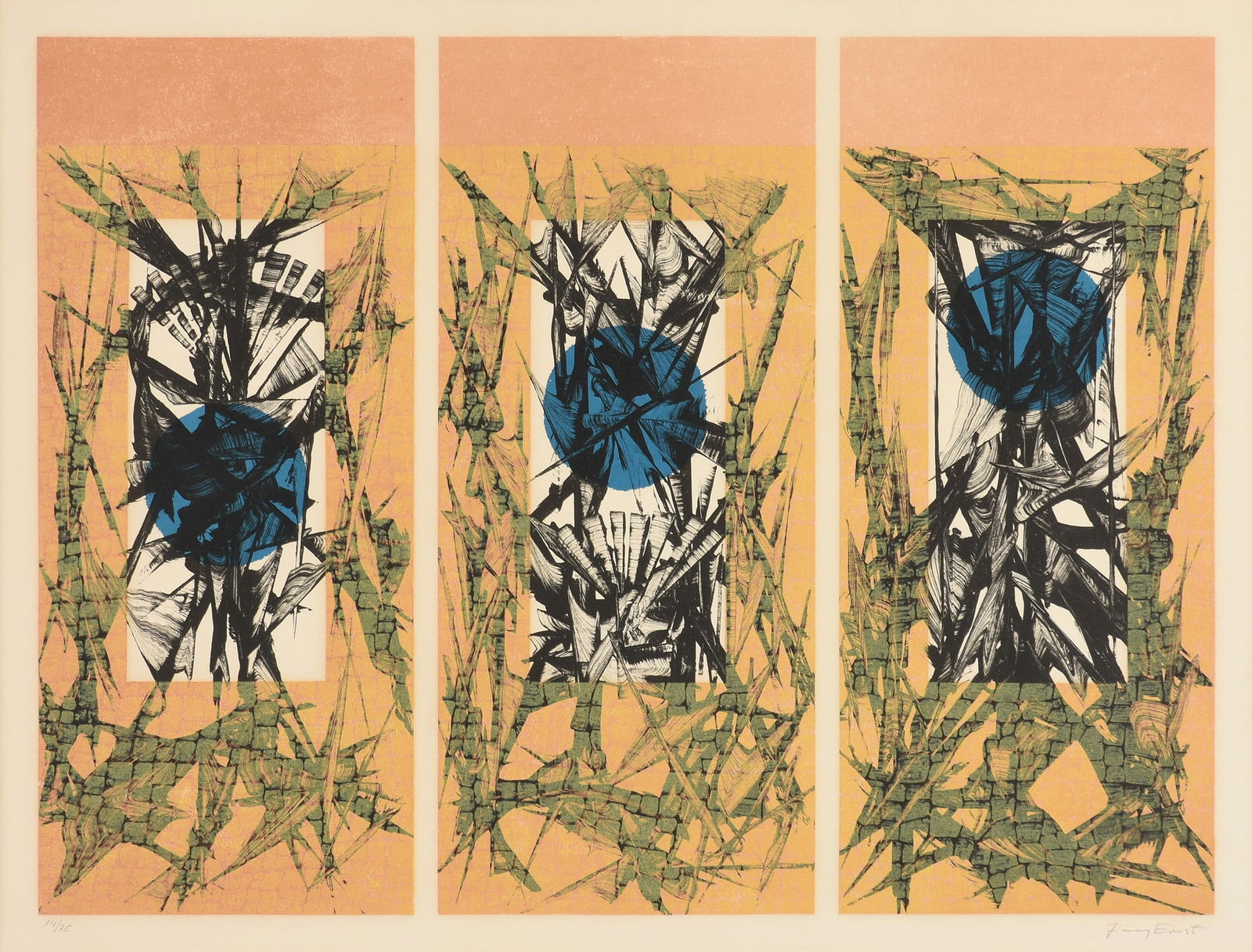 JIMMY ERNST (German/American 1920-1984) "Terra Incognita," 1973,: JIMMY ERNST (German/American 1920-1984) "Terra Incognita," 1973, lithograph on paper, signed lower right, "Jimmy Ernst," and numbered lower left, "14/75," with a corporate collection label on reverse