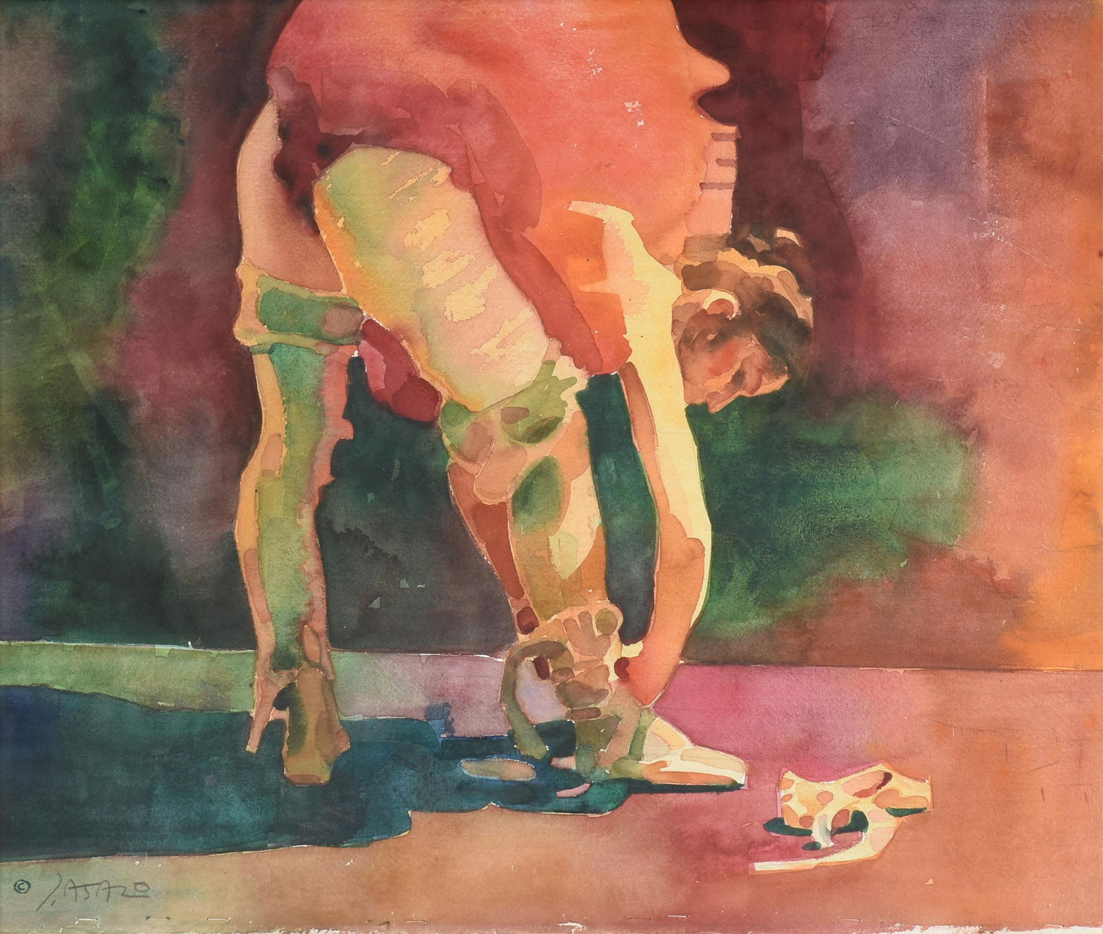 JOHN ASARO (American b. 1937) "Dancer Tying Her Shoe," 1983,: JOHN ASARO (American b. 1937) "Dancer Tying Her Shoe," 1983, watercolor on paper, signed lower left, "© / Asaro," with an artist label on the reverse backing and two gallery labels from Connolly